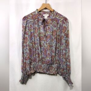 Rachel Zoe Paisley Blouse Women's L Green Purple Cottagecore Peasant Retro 90s